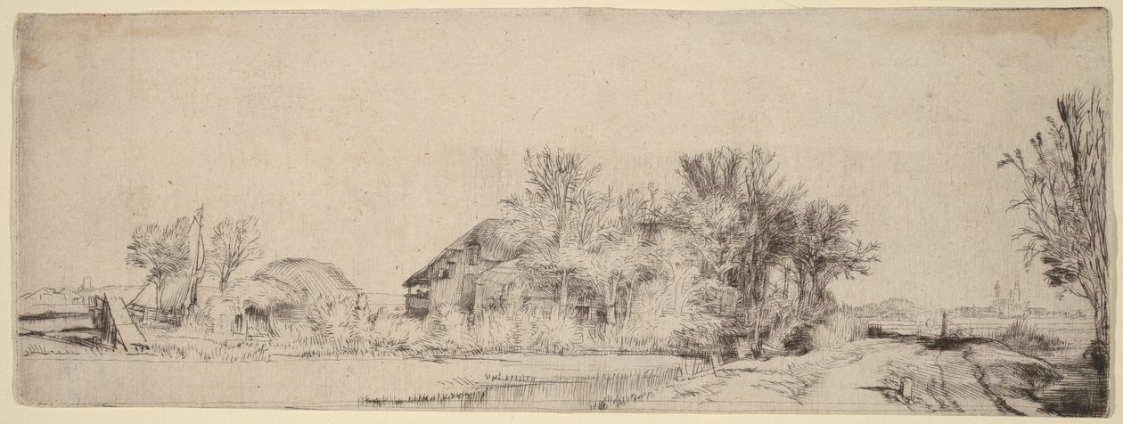 Maisema, jossa tie kulkee kanavan vieressä tekijältä Rembrandt van Rijn