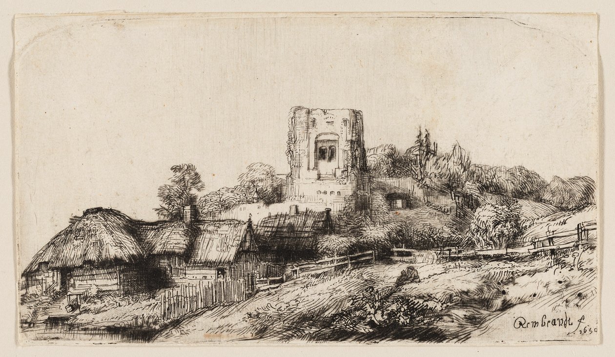 Maisema neliötornilla tekijältä Rembrandt van Rijn