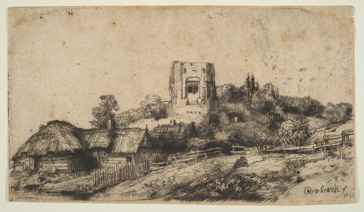 Maisema neliötornilla, 1650. tekijältä Rembrandt van Rijn