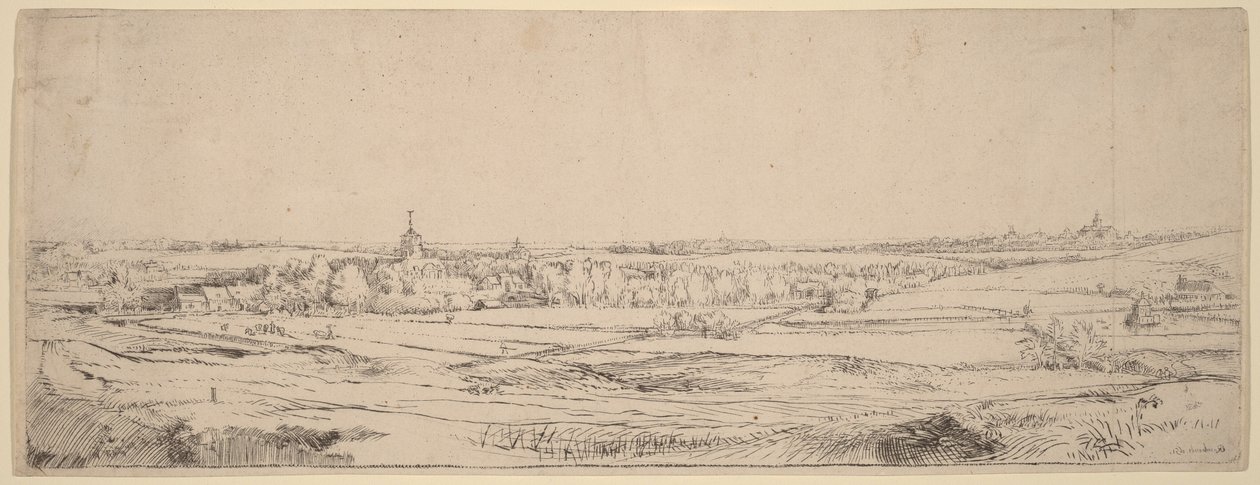 Maisema, josta avautuu näkymä Haarlemiin (Kultapunnittajien pelto) tekijältä Rembrandt van Rijn