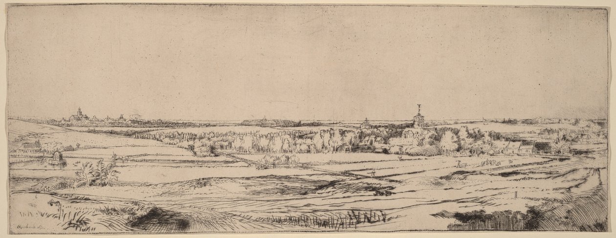 Maisema, josta avautuu näkymä Haarlemiin (Kultapunnitsijan pelto) tekijältä Rembrandt van Rijn