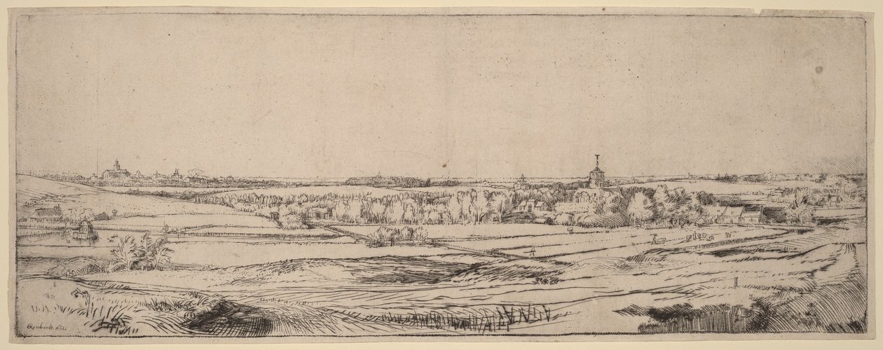 Maisema, josta avautuu näkymä Haarlemille (Kultapunnitsijan pelto) tekijältä Rembrandt van Rijn