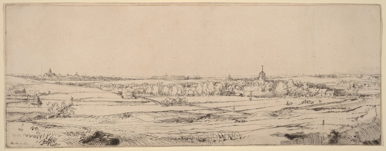 Maisema, josta avautuu näkymä Haarlemiin (Kultapunnitsijan pelto) tekijältä Rembrandt van Rijn
