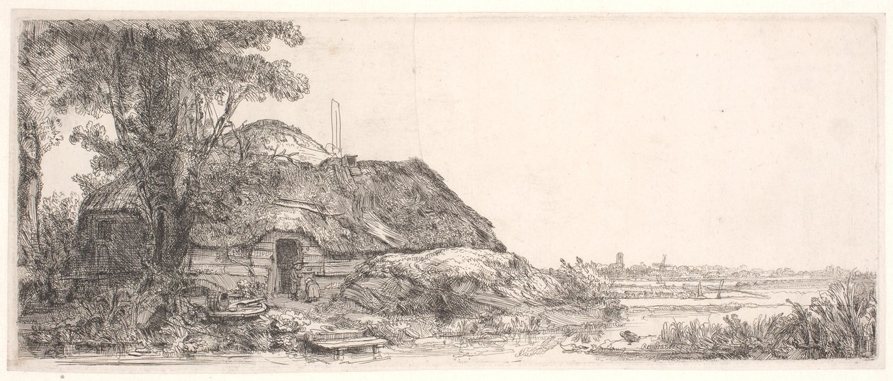 Maisema mökillä ja isolla puulla tekijältä Rembrandt van Rijn