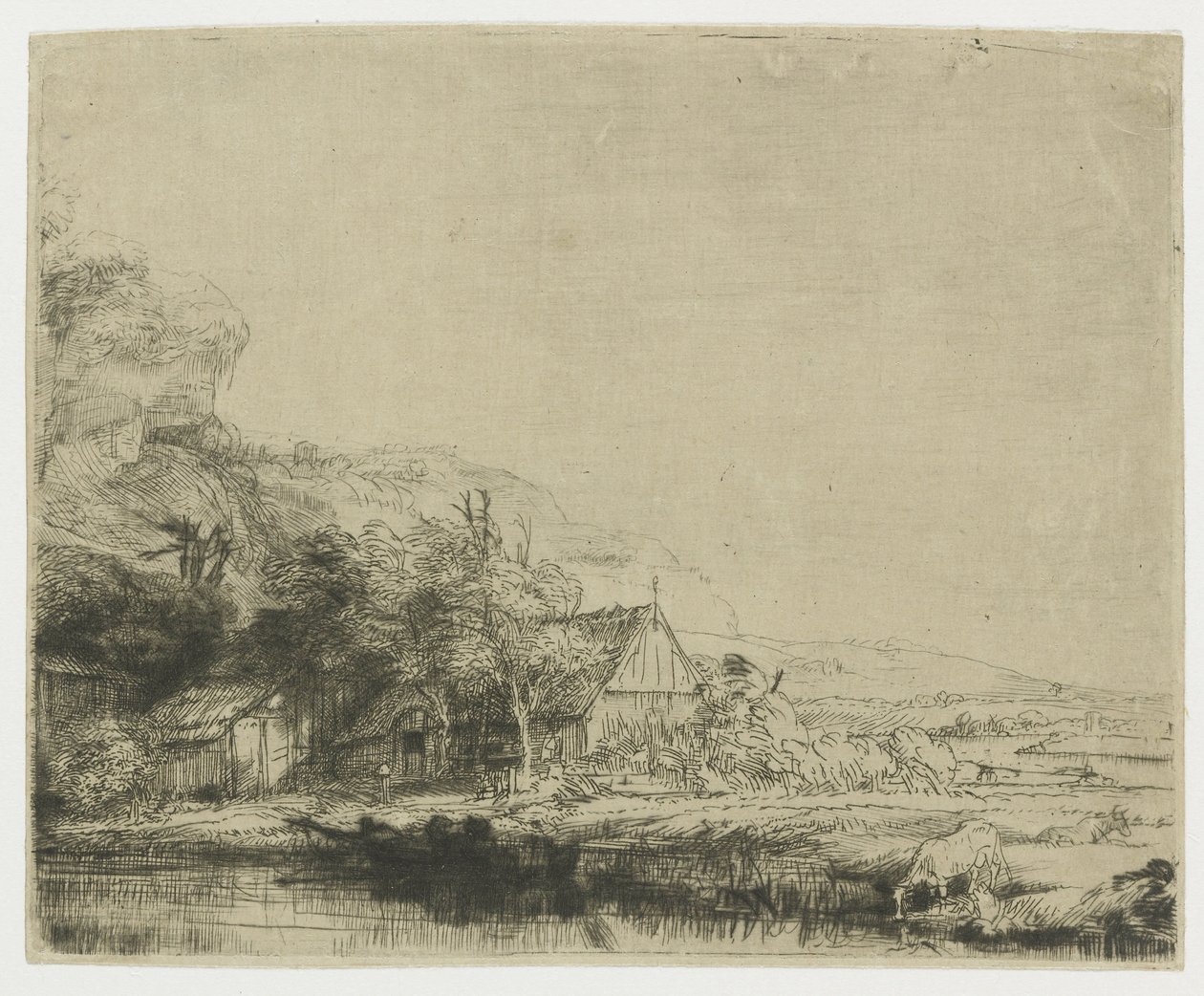 Maisema, jossa lehmä juo tekijältä Rembrandt van Rijn