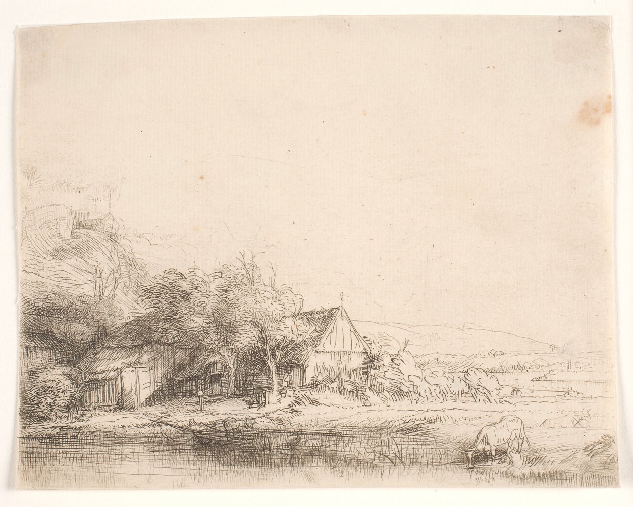 Maisema, jossa lehmä juo tekijältä Rembrandt van Rijn