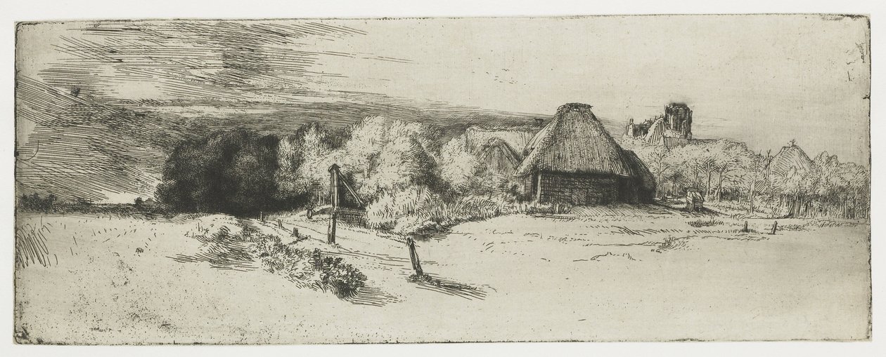 Maisema, jossa on maatilarakennus ja "talo tornilla" tekijältä Rembrandt van Rijn