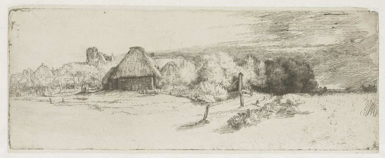 Maisema, jossa näkyy maatilarakennus ja ”tornitalo” tekijältä Rembrandt van Rijn