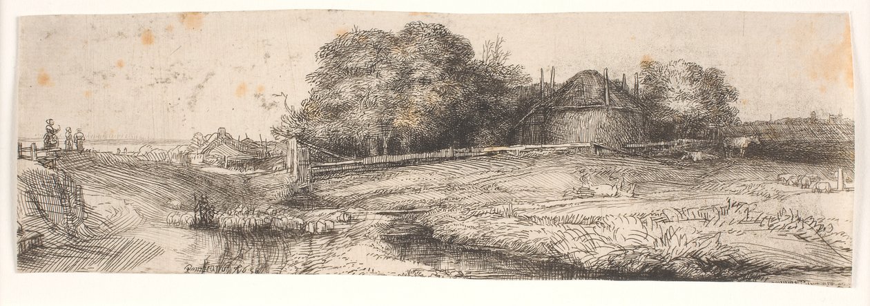 Maisema, jossa on heinävarasto ja lammaslauma tekijältä Rembrandt van Rijn