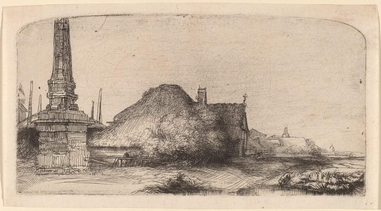 Maisema obeliskin kanssa tekijältä Rembrandt van Rijn