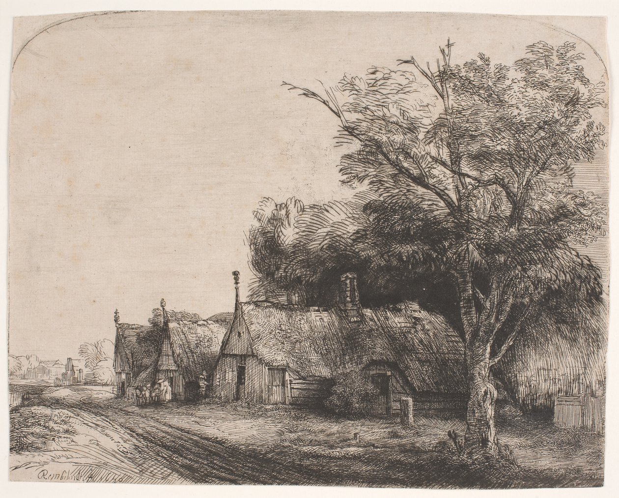 Maisema, jossa kolme harjakattoista mökkiä tien varrella tekijältä Rembrandt van Rijn