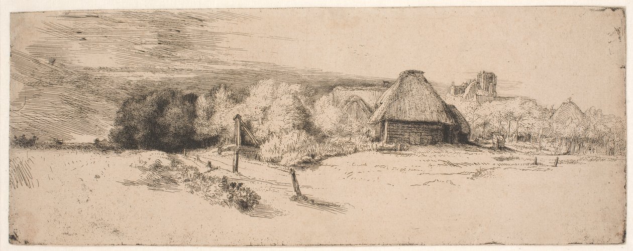 Maisema, jossa on puita, maatilarakennuksia ja torni tekijältä Rembrandt van Rijn