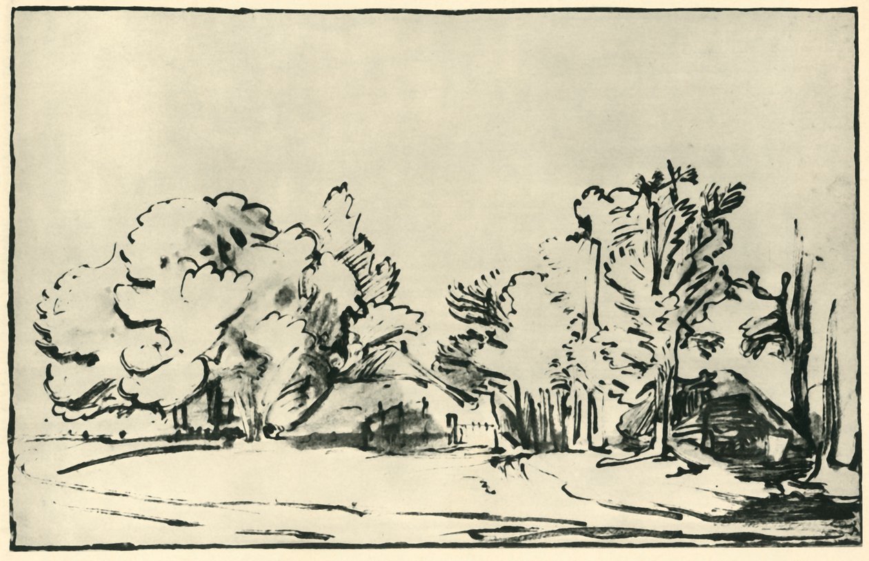 Maisema kahdella mökillä, c1650-1655, 1943. tekijältä Rembrandt van Rijn