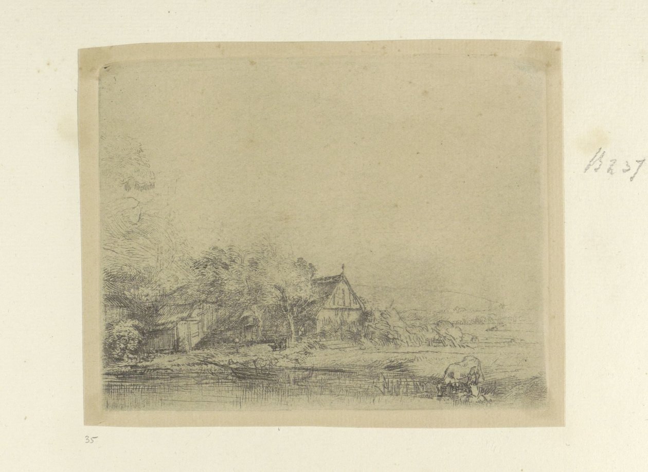 Landschap met drinkende koe Kokoelma kahdeksankymmentäviisi alkuperäistä vedosta (sarjan nimi) tekijältä Rembrandt van Rijn