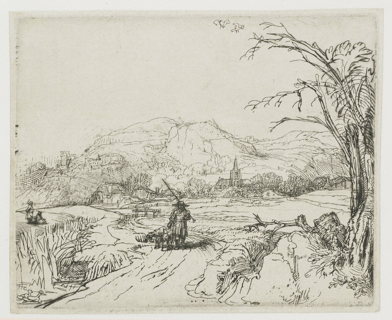 Maisema, jossa on lammaspaimen ja koiria (”Pikku metsästäjä”) tekijältä Rembrandt van Rijn