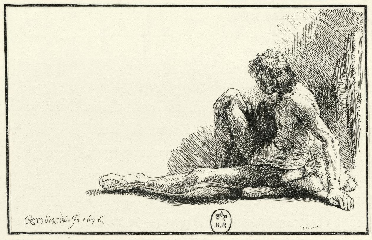 Männlicher Akt, am Boden sitzend tekijältä Rembrandt van Rijn
