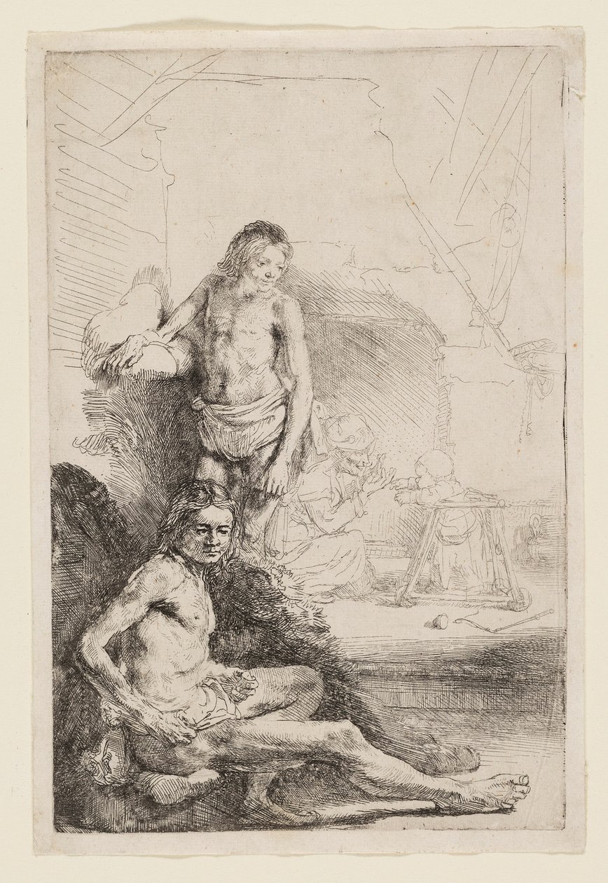 Mies alaston istuva ja seisova tekijältä Rembrandt van Rijn