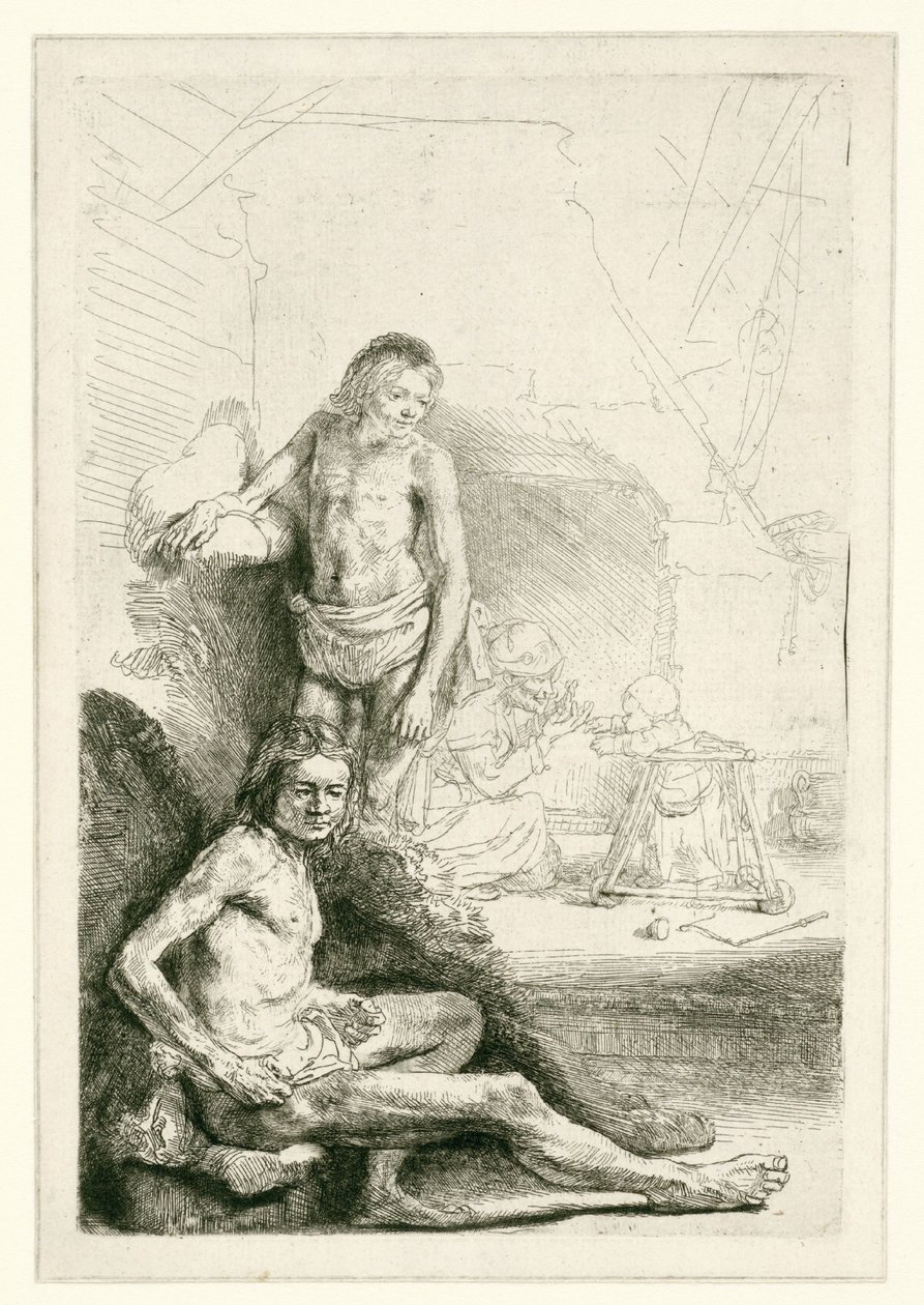 Miesalastonkuva, istuva ja seisova tekijältä Rembrandt van Rijn