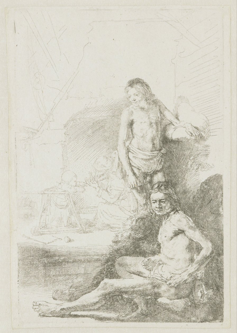 Miesalastonkuva, istuva ja seisova tekijältä Rembrandt van Rijn