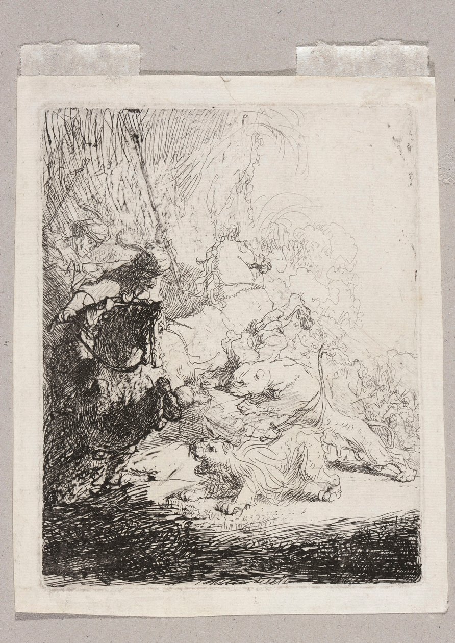 Pieni leijonametsästys (kahden leijonan kanssa) tekijältä Rembrandt van Rijn