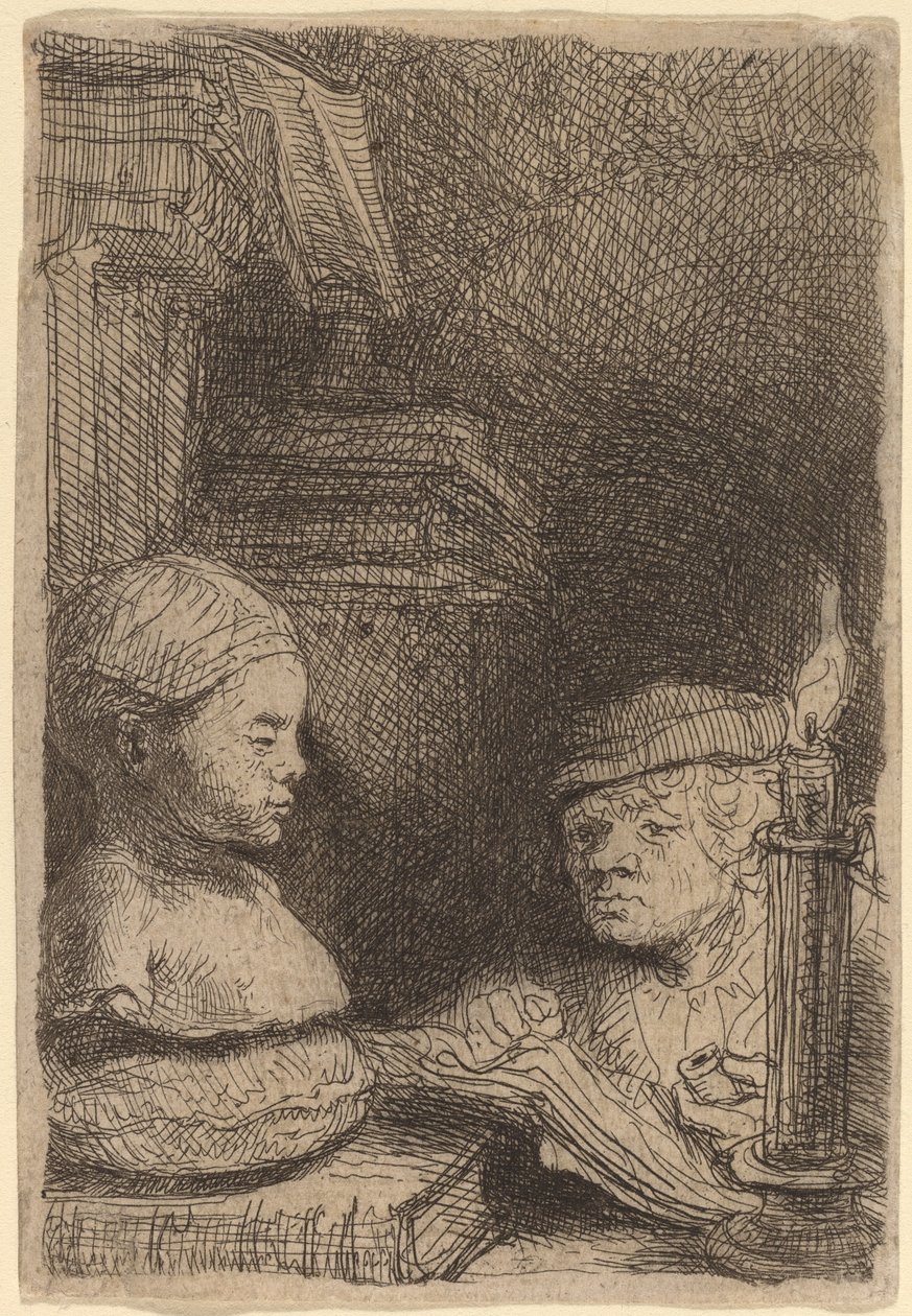 Mies piirtää valusta tekijältä Rembrandt van Rijn