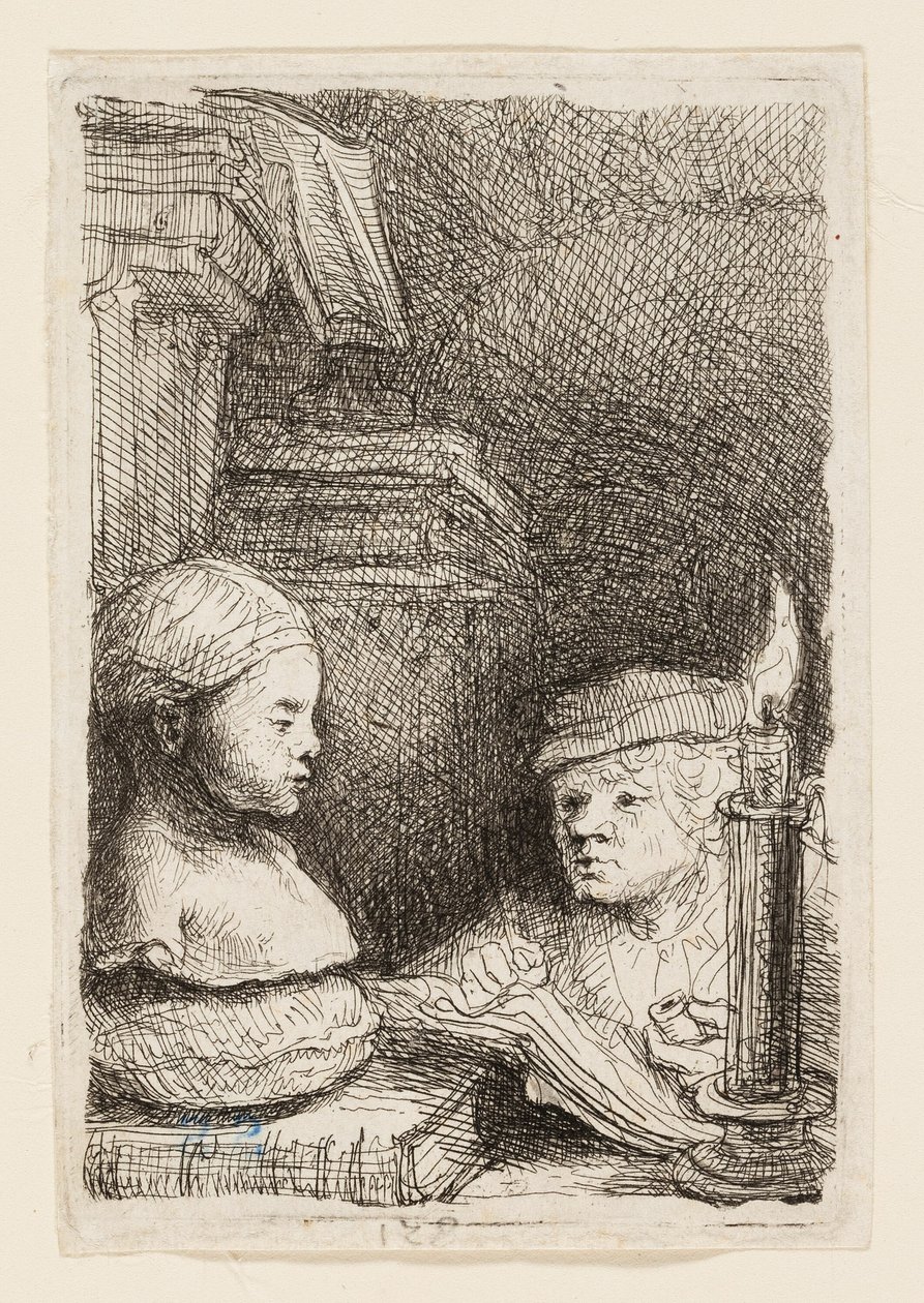 Mies piirtää valusta tekijältä Rembrandt van Rijn