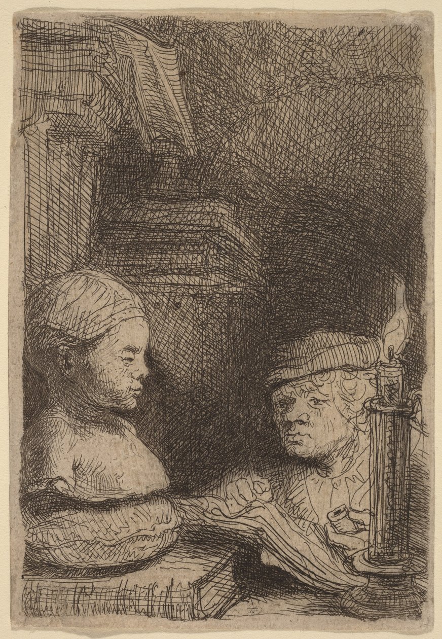 Mies piirtämässä kipsivaloksen pohjalta tekijältä Rembrandt van Rijn