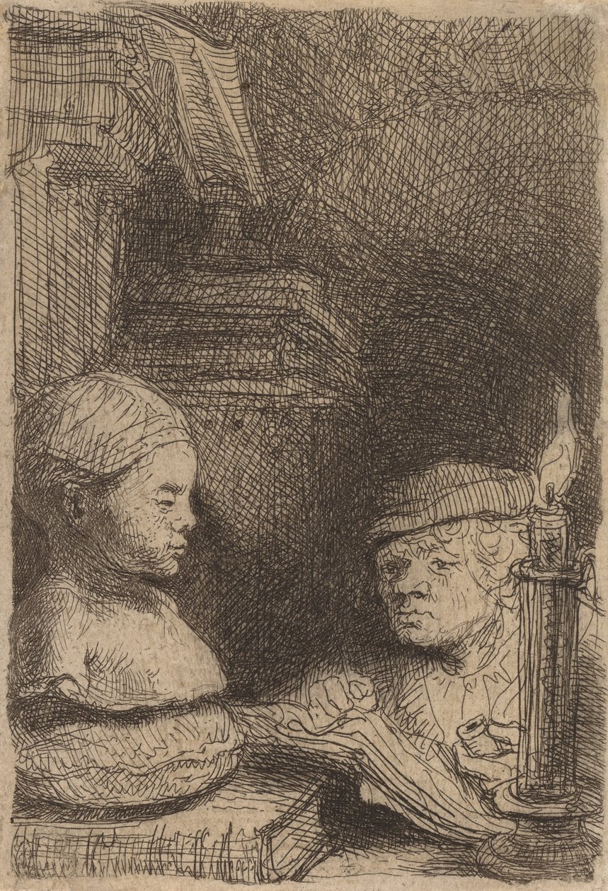 Mies piirtää valusta, c. 1641. tekijältä Rembrandt van Rijn