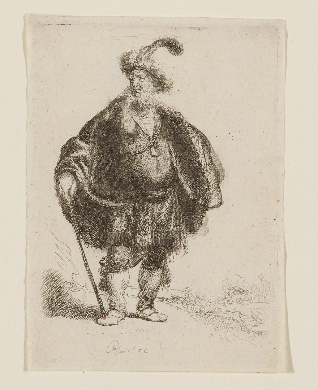 Mies seisomassa, itämaisessa asussa ja höyhenkoristellussa turkislakissa tekijältä Rembrandt van Rijn