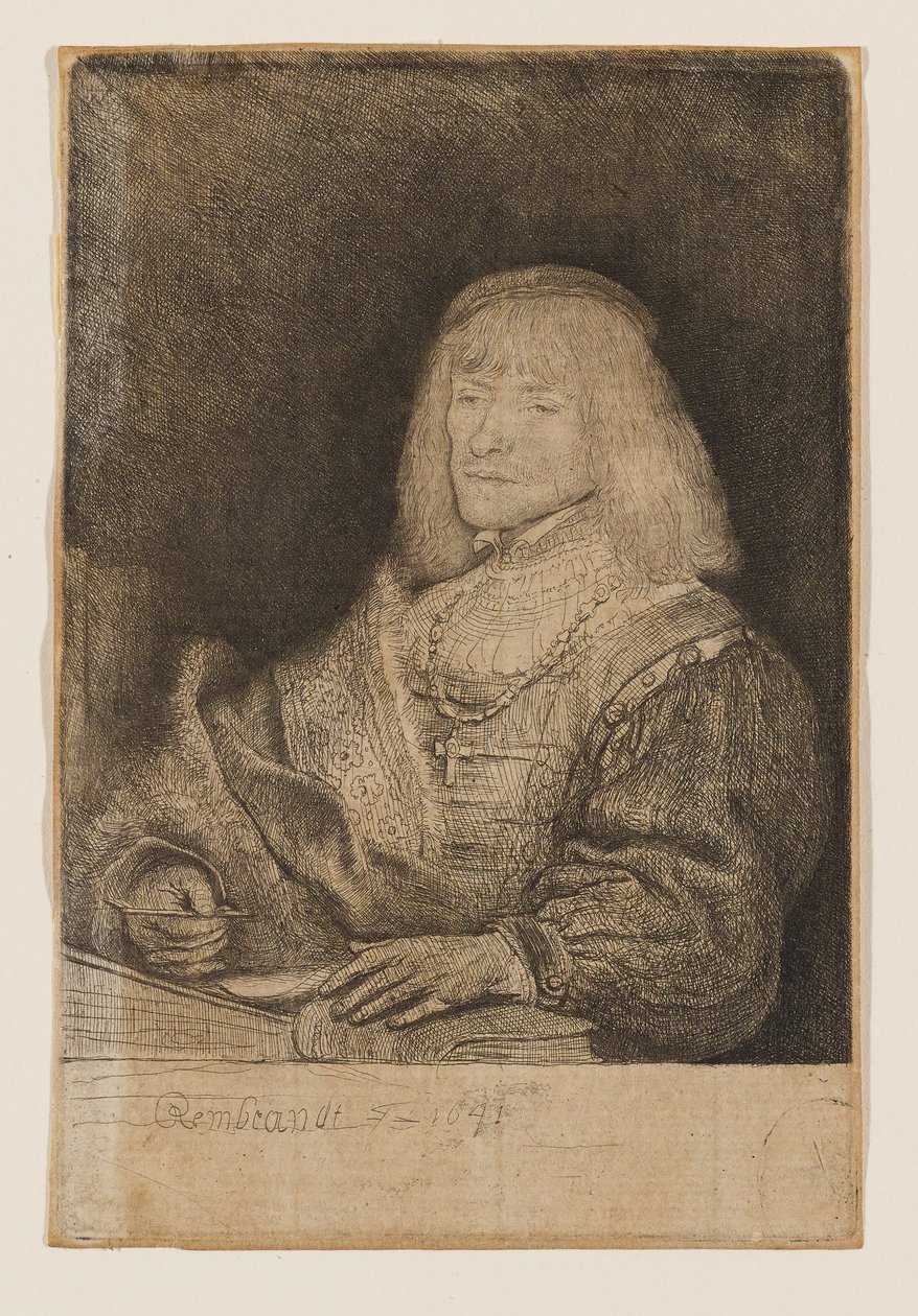 Mies työpöydän ääressä, jolla on kaulassaan risti ja ketju tekijältä Rembrandt van Rijn