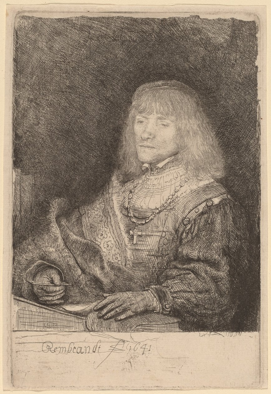 Mies työpöydän ääressä ristiä ja ketjua yllään tekijältä Rembrandt van Rijn