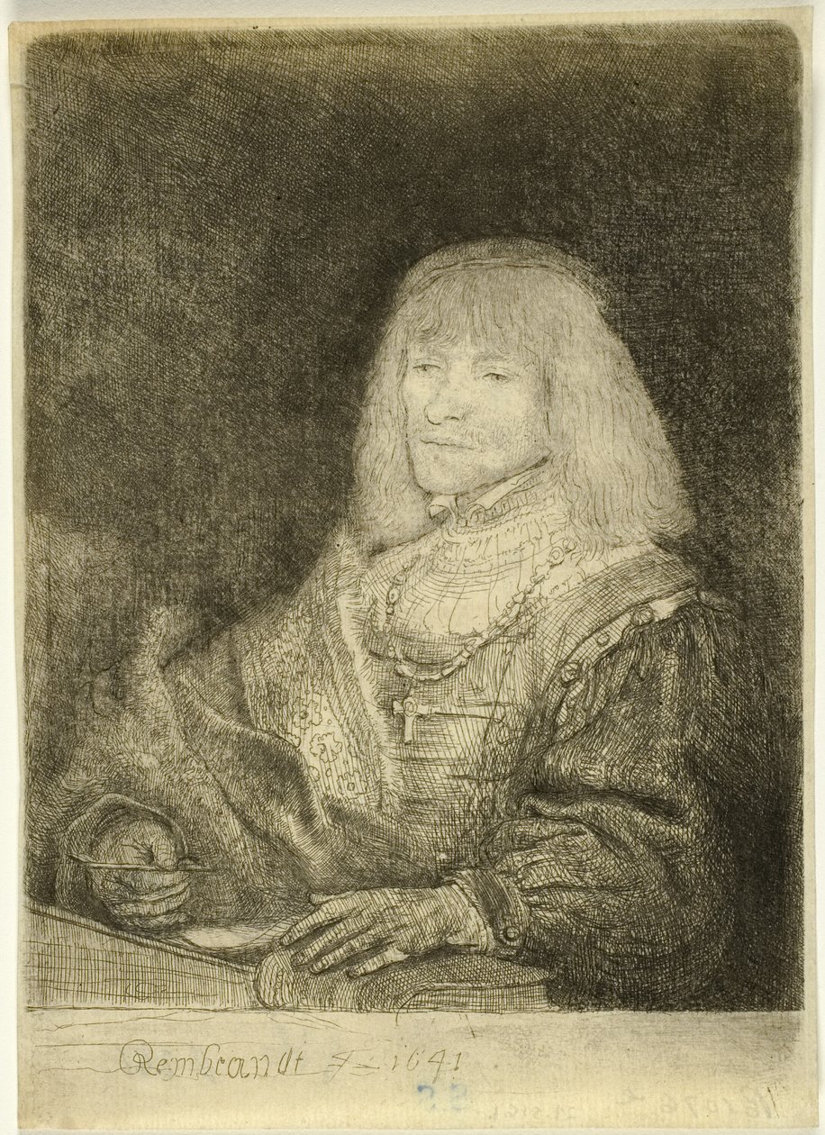 Mies työpöydän ääressä ristiä ja ketjua yllään tekijältä Rembrandt van Rijn
