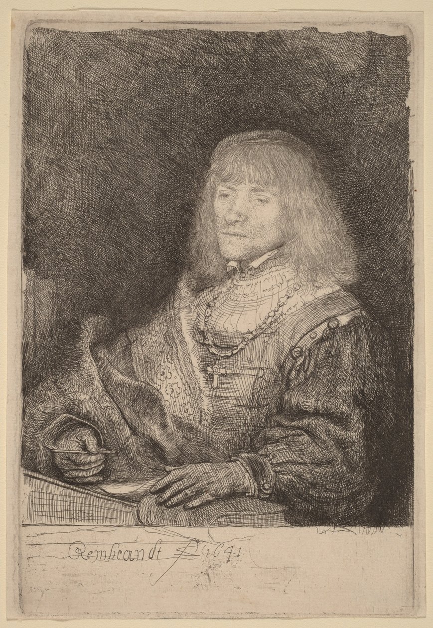 Mies työpöydän ääressä, jolla on kaulassaan risti ja ketju tekijältä Rembrandt van Rijn
