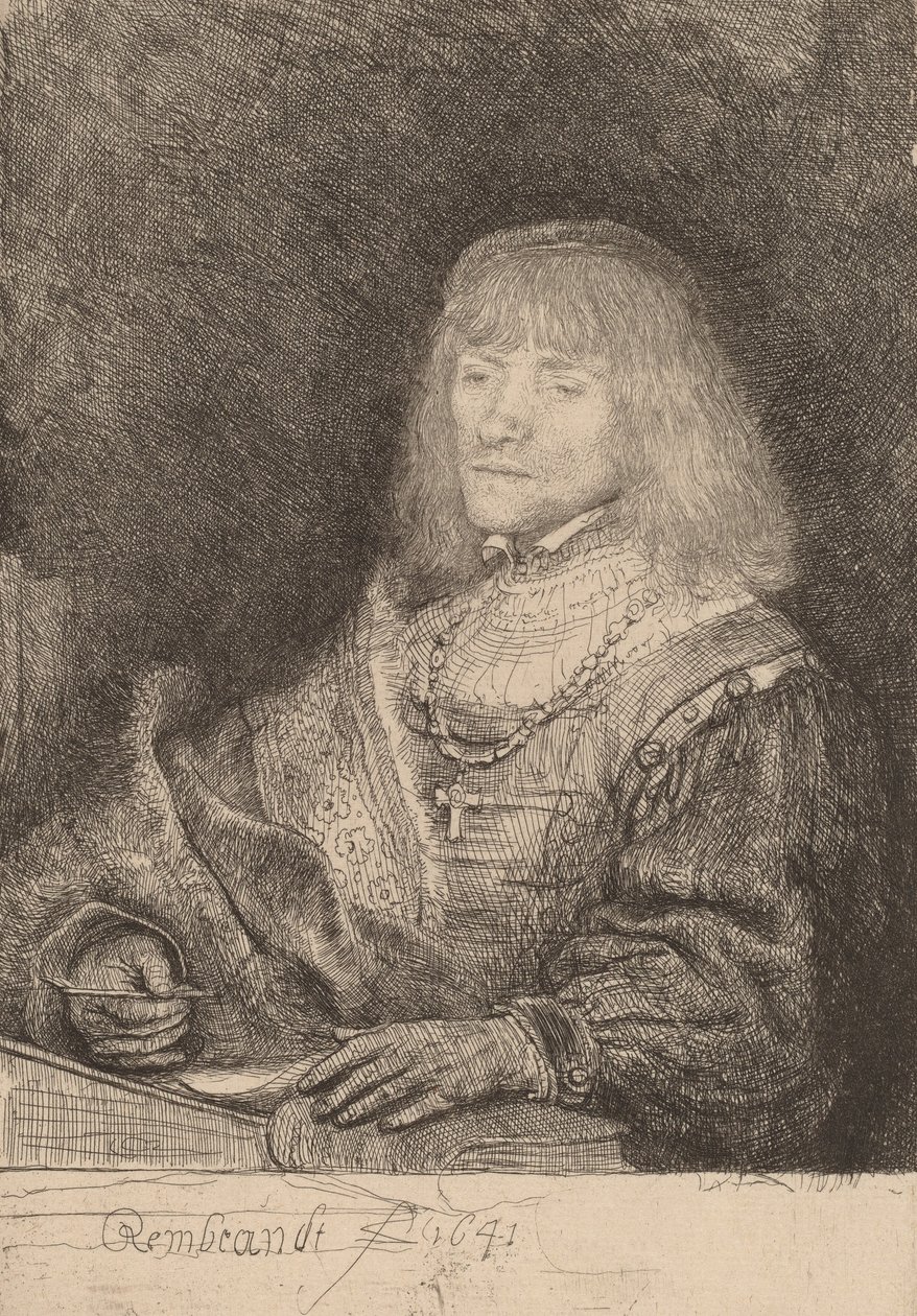 Mies pöydän ääressä ristillä ja ketjulla, 1641. tekijältä Rembrandt van Rijn