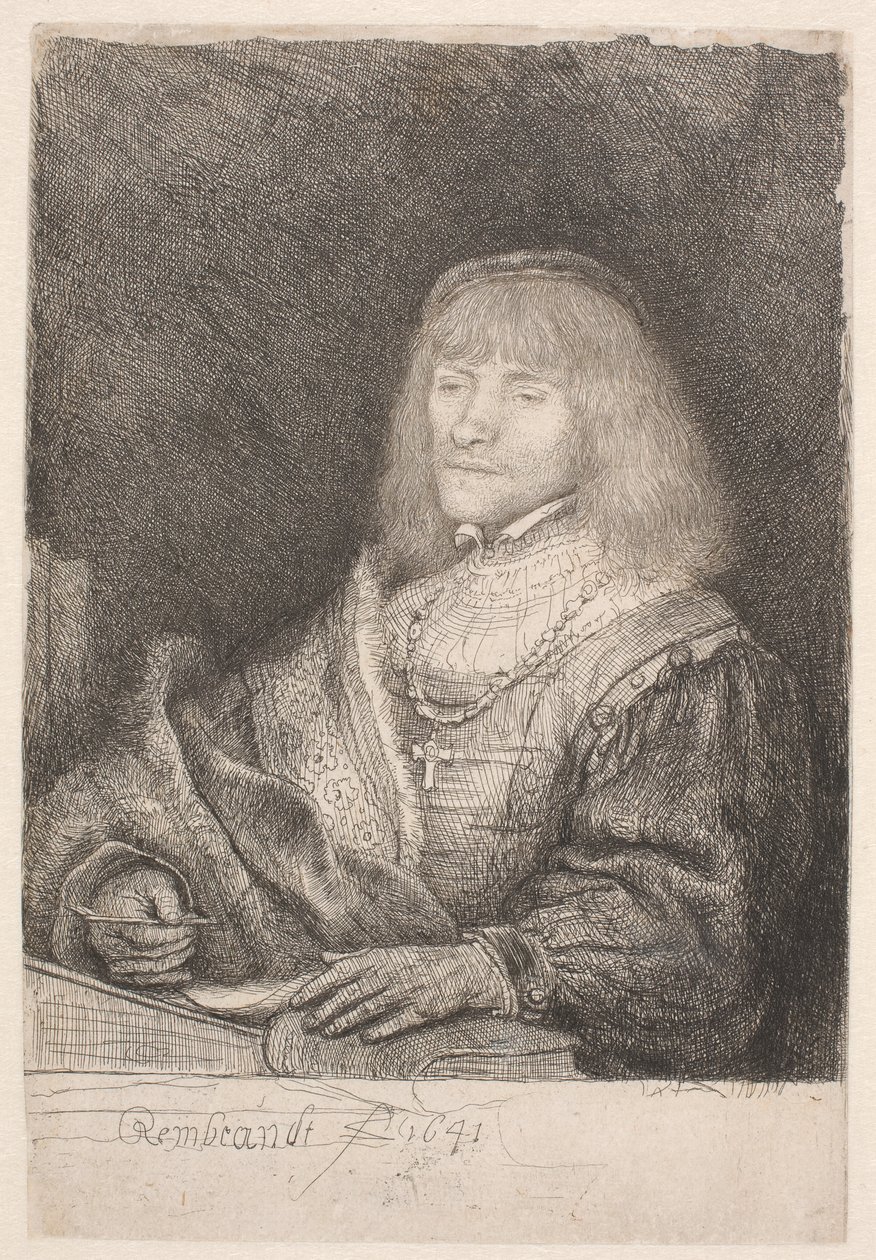 Mies työpöydän ääressä, kaulassaan risti ja ketju tekijältä Rembrandt van Rijn
