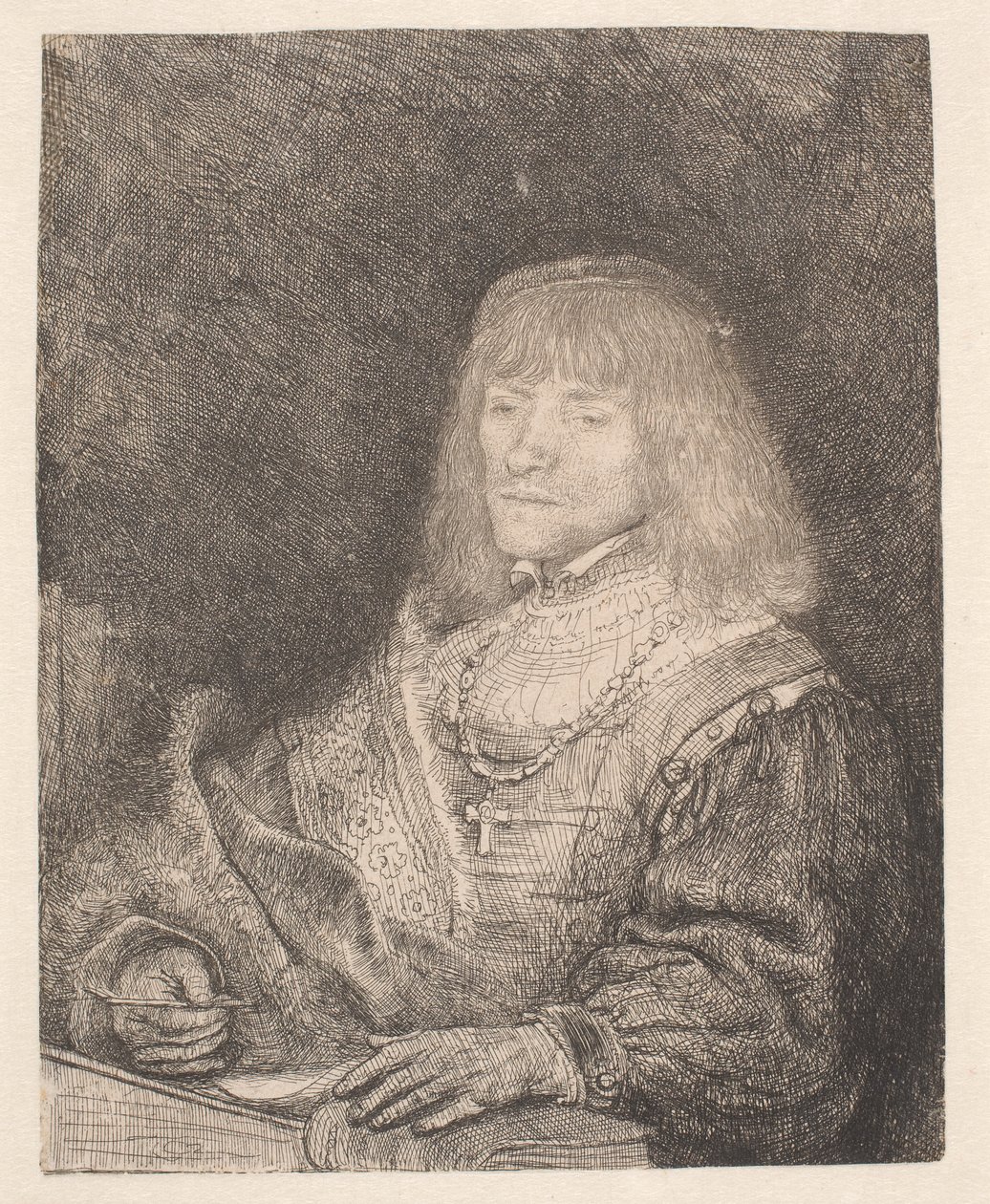 Mies työpöydän ääressä, kaulassaan risti ja ketju tekijältä Rembrandt van Rijn
