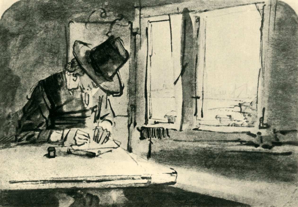 Mies piirtää ikkunaan, 1600-luvun puoliväli, 1943. tekijältä Rembrandt van Rijn