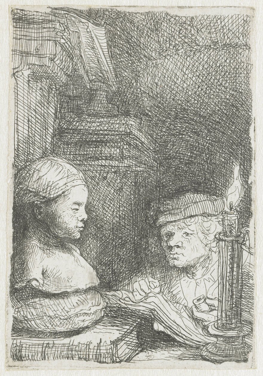 Mies piirtää valusta tekijältä Rembrandt van Rijn