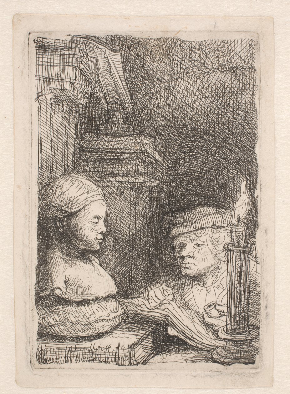 Mies piirtämässä kipsivaloksen pohjalta tekijältä Rembrandt van Rijn