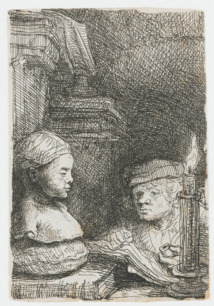Mies piirtämässä kipsivaloksen pohjalta tekijältä Rembrandt van Rijn
