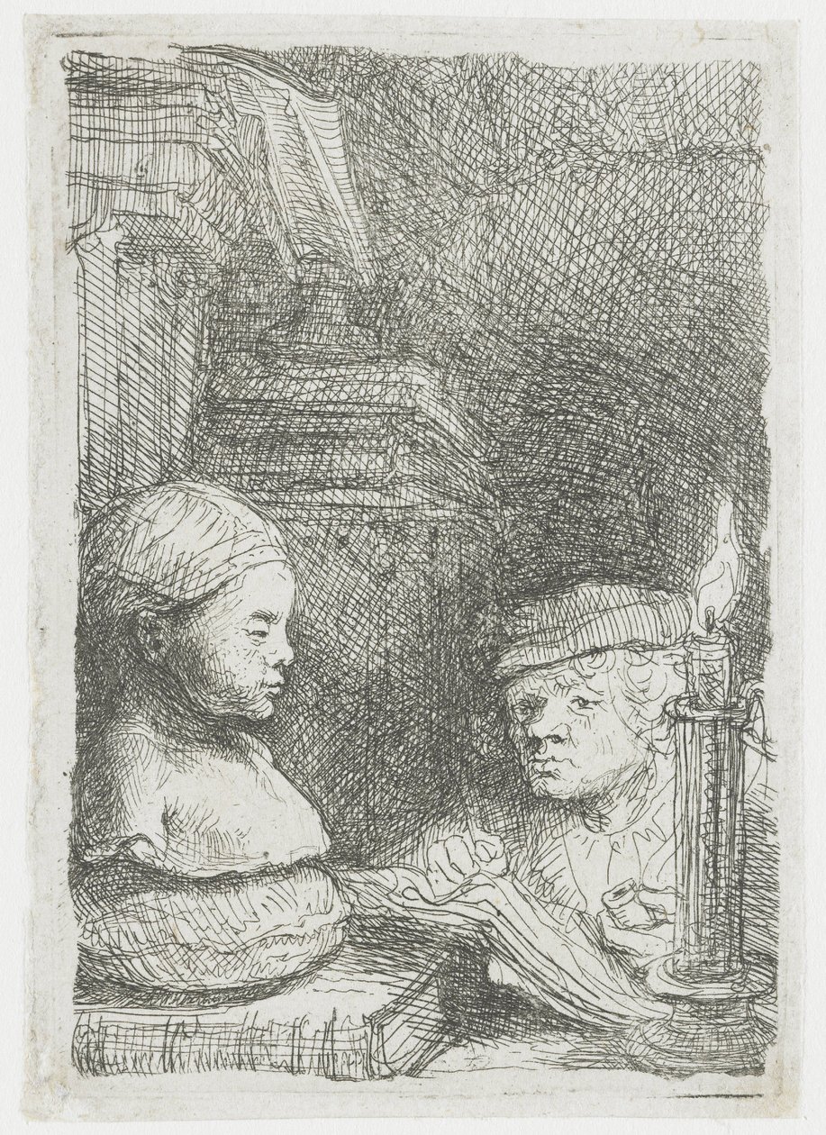 Mies piirtämässä kipsivaloksen pohjalta tekijältä Rembrandt van Rijn