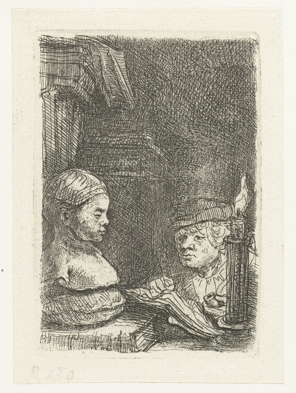 Mies piirtämässä kipsivaloksen pohjalta tekijältä Rembrandt van Rijn