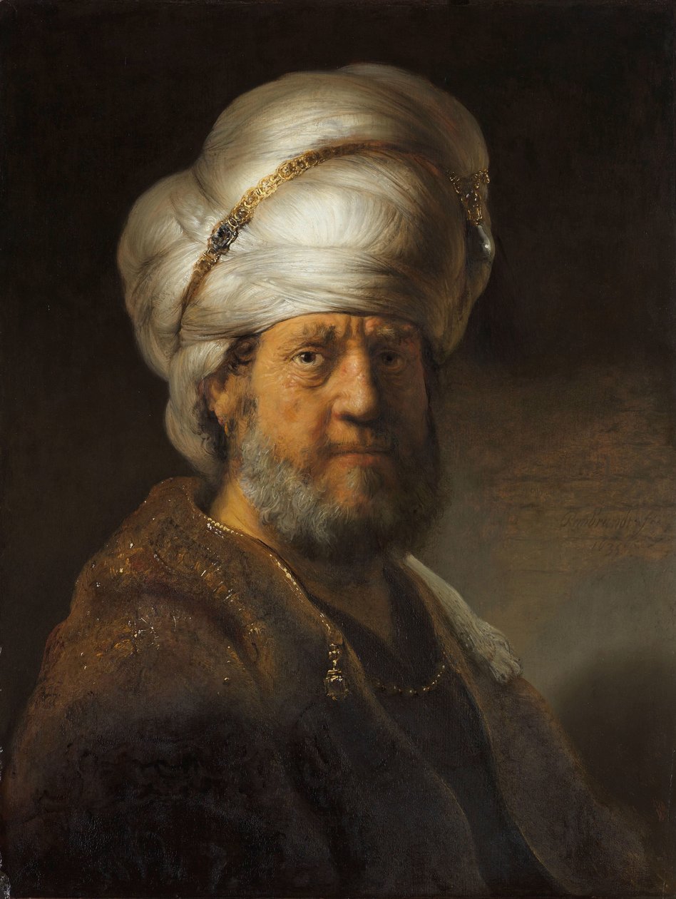Mies itämaisissa vaatteissa Itämaisessa mekossa olevan miehen rintakuva tekijältä Rembrandt van Rijn