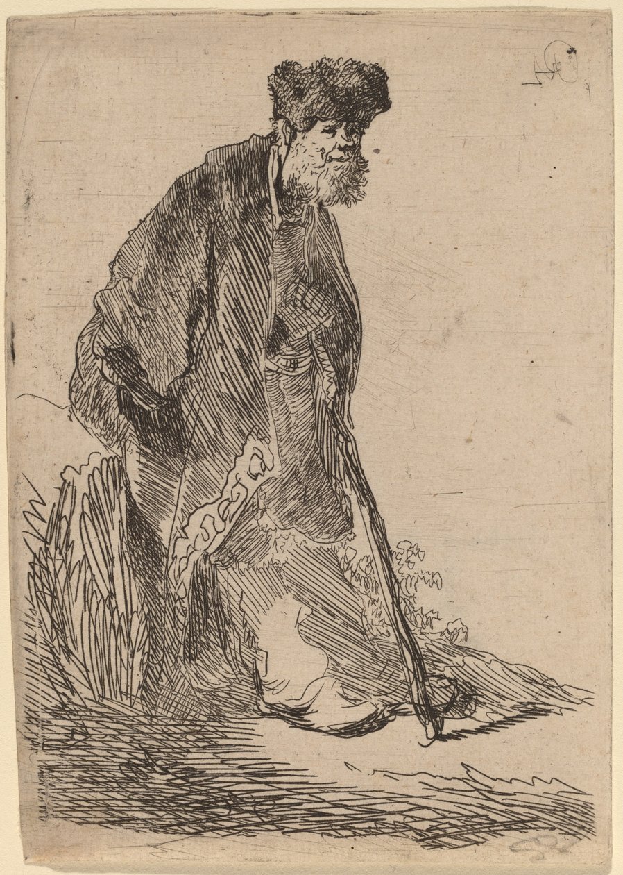 Home amb un abric i una gorra de pell recolzat contra un Bankfinnish tekijältä Rembrandt van Rijn