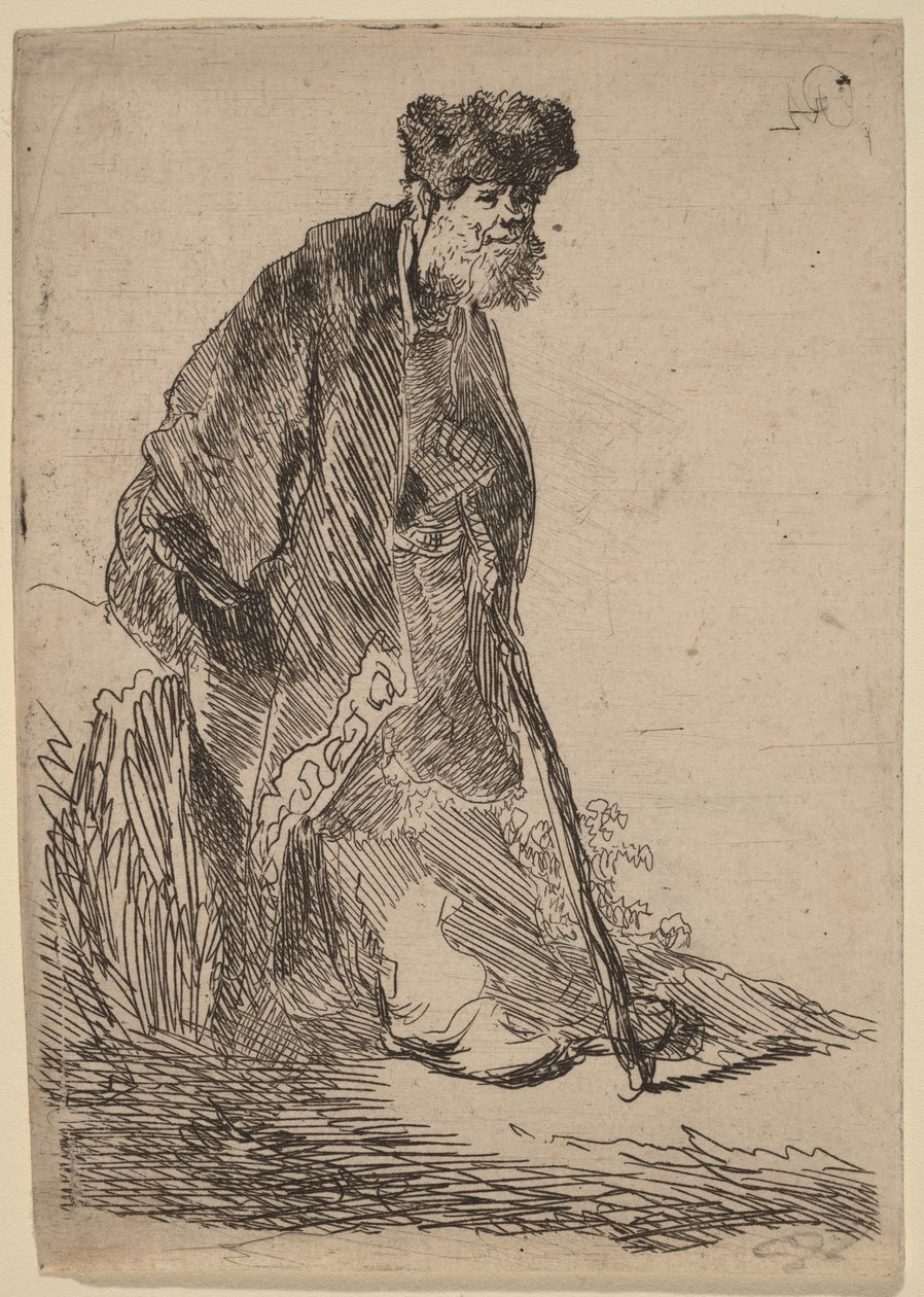 Takkia ja turkislakkia käyttävä mies nojaa pankkia vasten tekijältä Rembrandt van Rijn