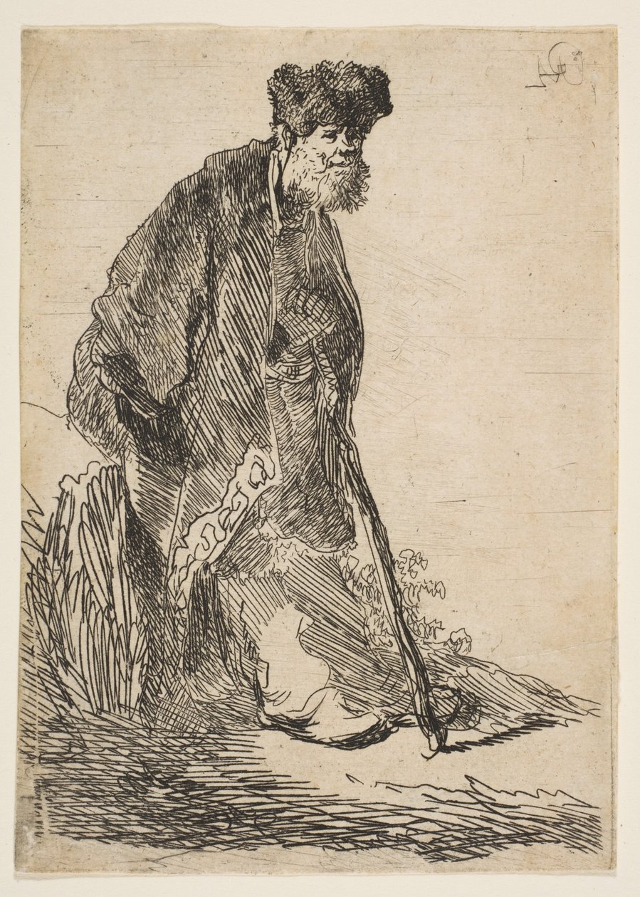 Mies takin ja turkislakkin kanssa nojaten pankkia vasten, n. 1630. tekijältä Rembrandt van Rijn