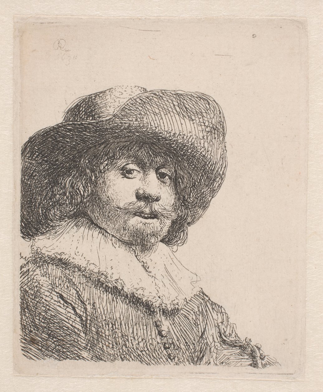 Mies leveälierisessä hatussa ja röyhelössä tekijältä Rembrandt van Rijn