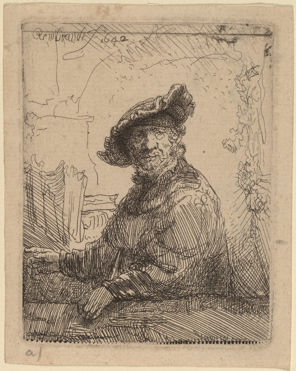 Mies lehtimajassa tekijältä Rembrandt van Rijn