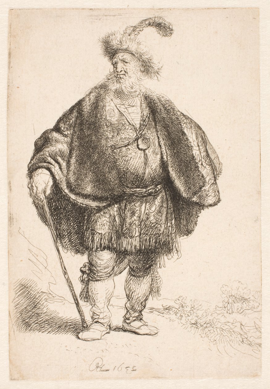 Mies, joka seisoo itämaisessa asussa ja höyhenkoristellussa turkislakissa tekijältä Rembrandt van Rijn