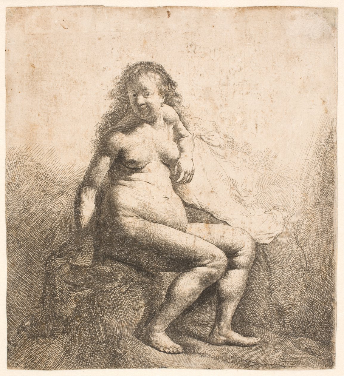 Alaston nainen istuu kumpareella tekijältä Rembrandt van Rijn